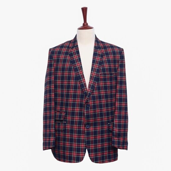Mens Blazer Tartan Plaid Blue Red 100% Wool Formal Jacket Wedding Sport Coat 46R